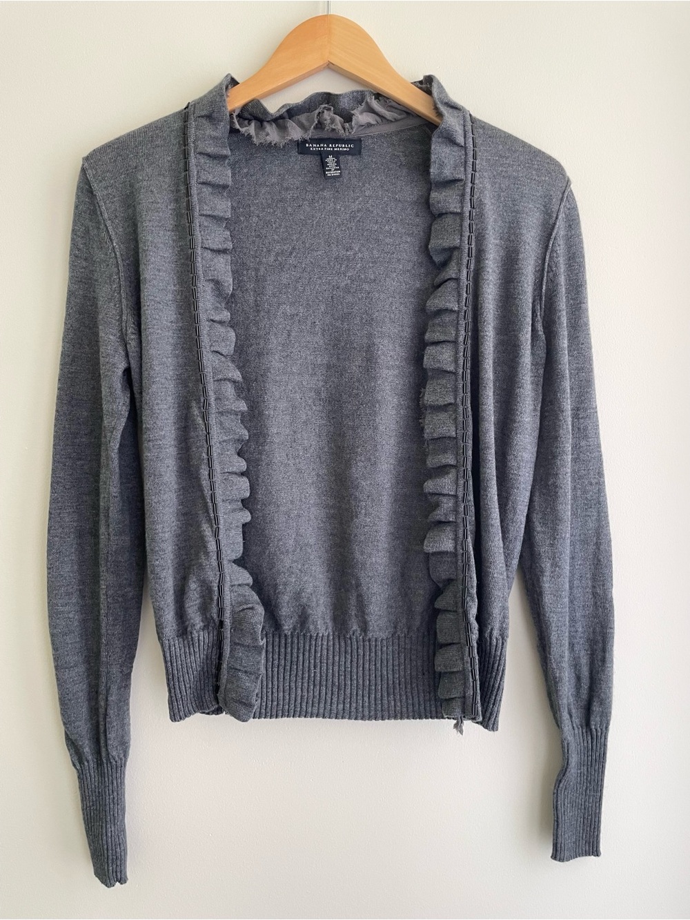 Merino Wool Gray Beaded Ruffle-Trim Open Front Cardigan Casual Office Campus BTS